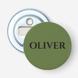 Olijfgroen en minimalistische zwarte naam   button flesopener