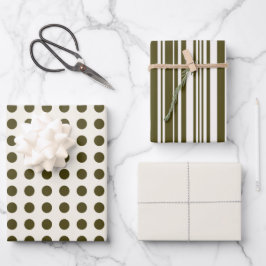 Olijfgroen en oude kant Polka Dots en Stripes Inpakpapier Vel