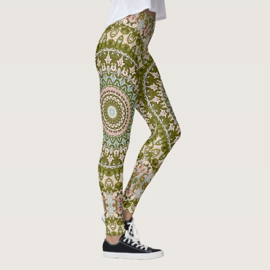 Olijfgroen en pastel mandala patroon leggings (Rechts)