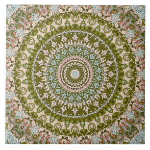 Olijfgroen en Pastel Mandala Patroon Tegeltje