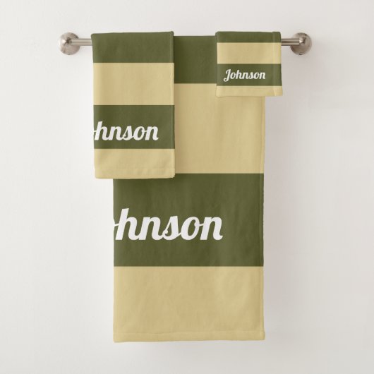 Olijfgroen en Tan Stripes Bad Handdoek (Insitu)