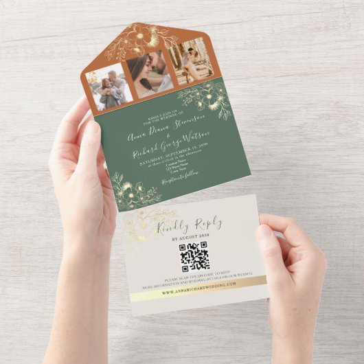 Olijfgroen en terracotta bloemenbruiloft all in one uitnodiging (Afscheurbaar)