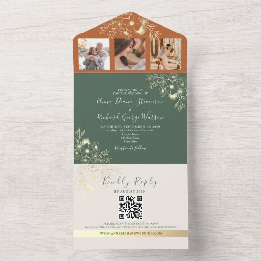 Olijfgroen en terracotta bloemenbruiloft all in one uitnodiging (Binnen)