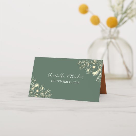 Olijfgroen en terracotta bloemenbruiloft plaatskaartje (Achterkant)