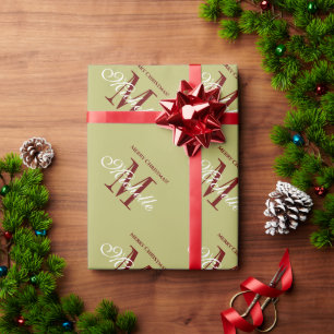 Olijfgroen en wijnrood monogram Kerstmis Cadeaupapier