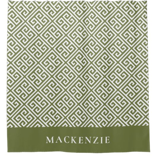 Olijfgroen en wit Griekse sleutelnaam Monogram Douchegordijn (Voorkant)