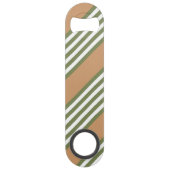 Olijfgroen en wit, vijf strippen, geelbruin speed flessenopener (Achterkant)