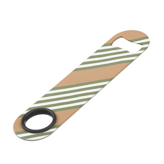 Olijfgroen en wit, vijf strippen, geelbruin speed flessenopener (Achterkant Gekanteld)