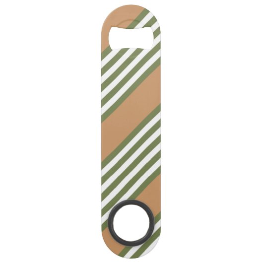 Olijfgroen en wit, vijf strippen, geelbruin speed flessenopener (Voorkant)