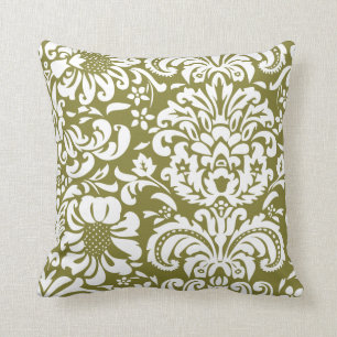Olijfgroen en witte bloemen Damask Kussen