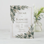 Olijfgroen en witte bloemen minimalistische bruilo kaart (Staand voorkant)