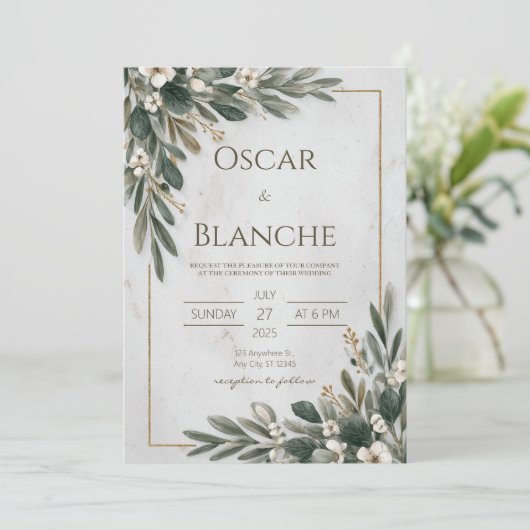 Olijfgroen en witte bloemen minimalistische bruilo kaart (Staand voorkant)