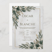 Olijfgroen en witte bloemen minimalistische bruilo kaart (Voorkant / Achterkant)