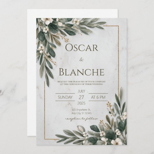 Olijfgroen en witte bloemen minimalistische bruilo kaart (Voorkant / Achterkant)