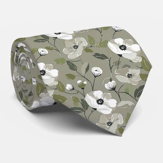 Olijfgroen en witte bloemen stropdas (Opgerold)