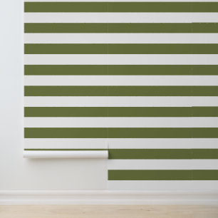 Olijfgroen en witte brede horizontale strepen behang