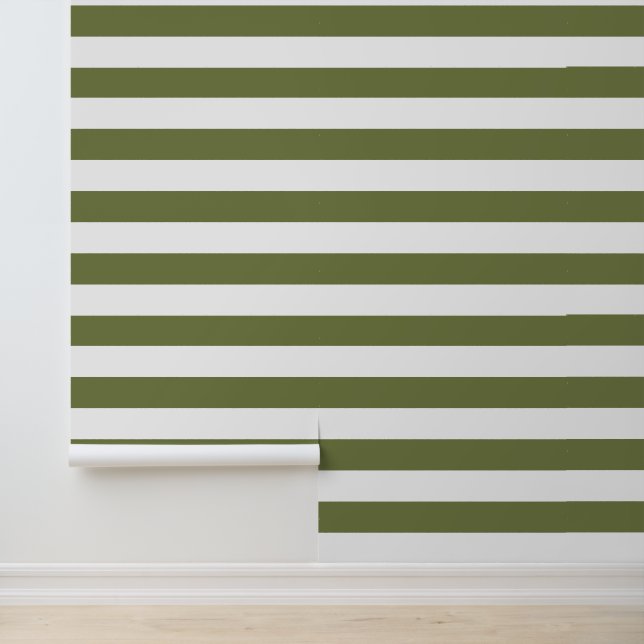 Olijfgroen en witte brede horizontale strepen behang (Applicatie)