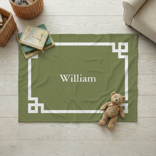 Olijfgroen en Witte Griekse Sleutel Monogram Fleece Deken