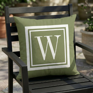Olijfgroen en Witte Klassieke Vierkante Monogram Buitenkussen
