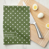 Olijfgroen en witte stippen met naam theedoek (Quarter Fold)