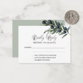 Olijfgroen formele trouwreactie RSVP Notitiekaartje (Voorkant / Achterkant in situ)