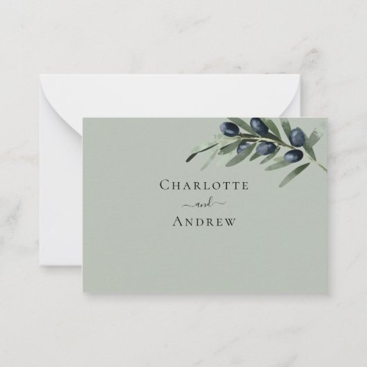 Olijfgroen formele trouwreactie RSVP Notitiekaartje (Achterkant)