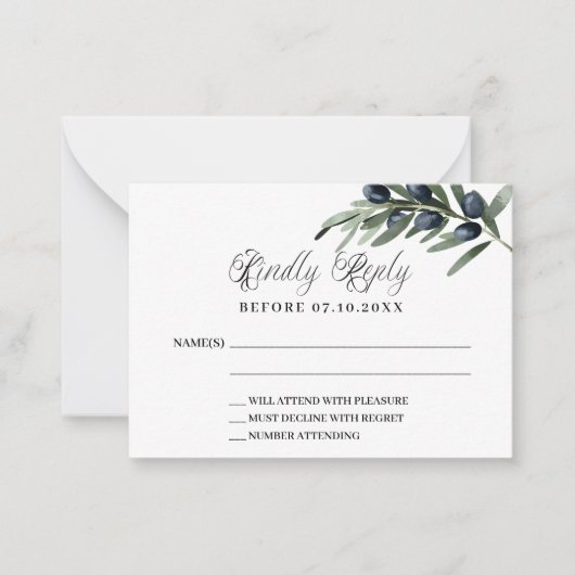 Olijfgroen formele trouwreactie RSVP Notitiekaartje (Voorkant)