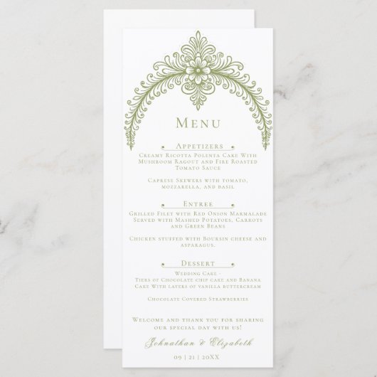 Olijfgroen Franse bloeiende boog bruiloft Menu (Voorkant / Achterkant)