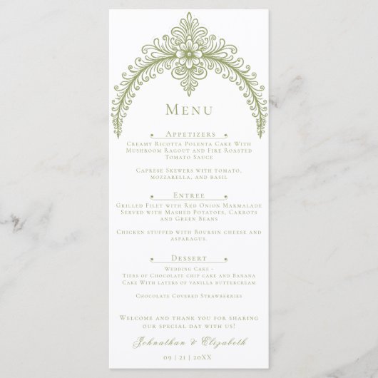 Olijfgroen Franse bloeiende boog bruiloft Menu (Voorkant)