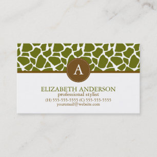 Olijfgroen Giraffe Patroonmonogram Visitekaartje