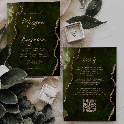 Olijfgroen Goud Agaat Script QR Code Huwelijk Kaart