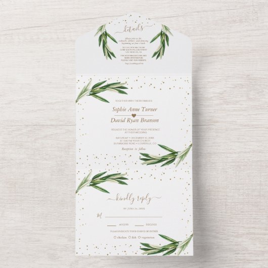 Olijfgroen Goud Confetti Monogram Bruiloft   All In One Uitnodiging (Binnen)