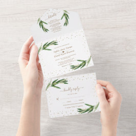 Olijfgroen Goud Confetti Monogram Huwelijk   All In One Uitnodiging