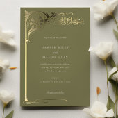 Olijfgroen goud islamitische bruiloft folie uitnodiging