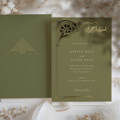 Olijfgroen goud islamitische bruiloft folie uitnodiging