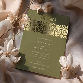 Olijfgroen goud islamitische bruiloft folie uitnodiging