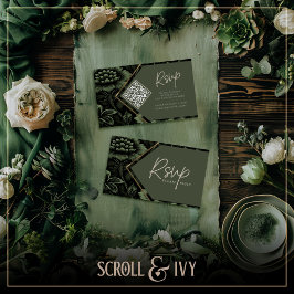 Olijfgroen & Goud Lijst Bloemen RSVP Informatiekaartje