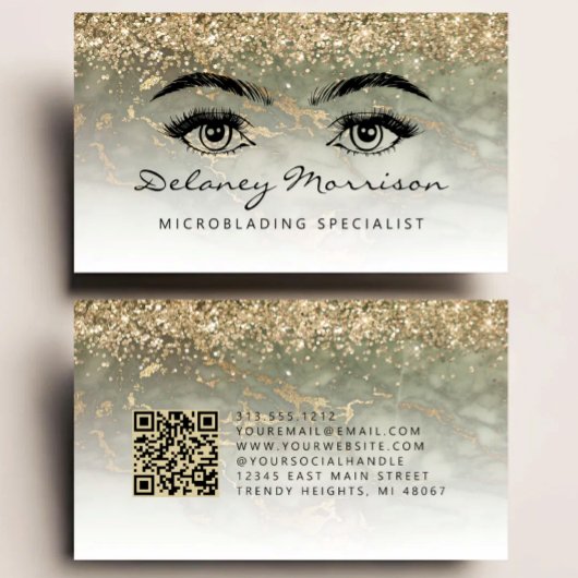 Olijfgroen Gouden Marmer Ogen QR Code Microblading Visitekaartje