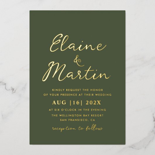 olijfgroen goudschrift bruiloft folie uitnodiging (Voorkant)
