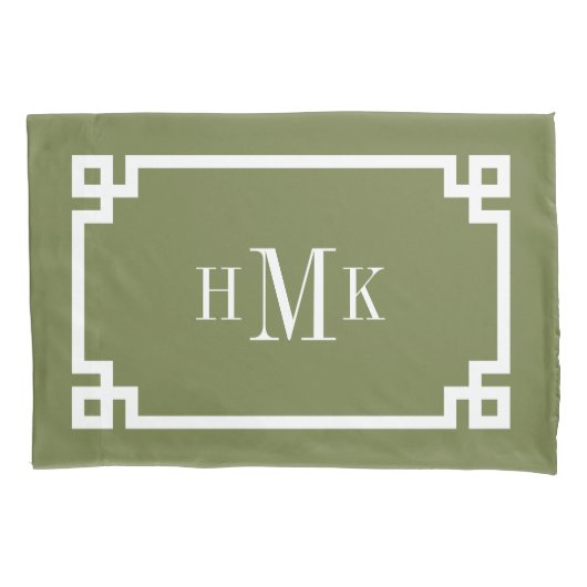 Olijfgroen Griekse Key Monogram Standaard Kussensloop (Voorkant-Links)