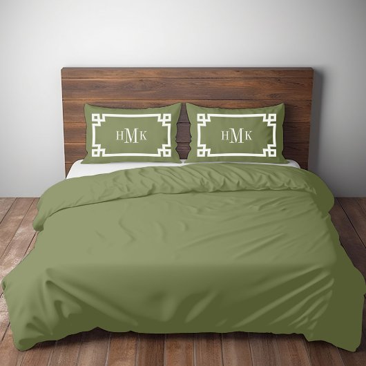 Olijfgroen Griekse Key Monogram Standaard Kussensloop