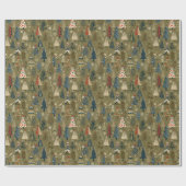 Olijfgroen kerstpatroon w / bomen, sneeuw cadeaupapier (Vlak)