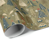 Olijfgroen kerstpatroon w / bomen, sneeuw cadeaupapier (Rol Hoek)