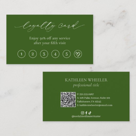 Olijfgroen Minimale hart QR Code Elegant Modern Klantenkaartje (Voorkant / Achterkant)