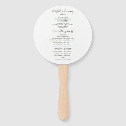 Olijfgroen Minimalistisch Huwelijksprogramma Handwaaier (Achterkant)