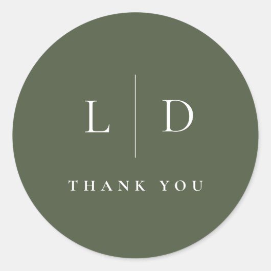 Olijfgroen minimalistisch monogram huwelijksgunst ronde sticker (Voorkant)