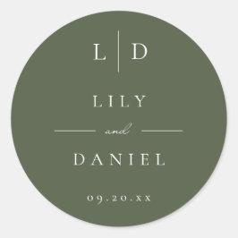 Olijfgroen minimalistisch monogram huwelijksgunst ronde sticker