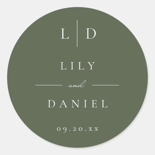 Olijfgroen minimalistisch monogram huwelijksgunst ronde sticker (Voorkant)