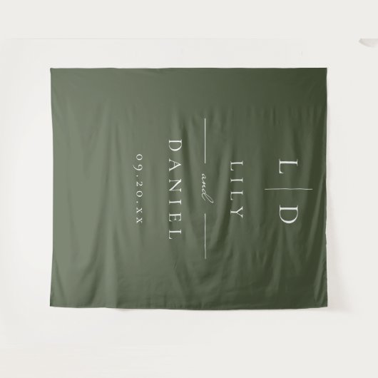 Olijfgroen minimalistische monogram bruiloft achte wandkleed (Voorkant (horizontaal))