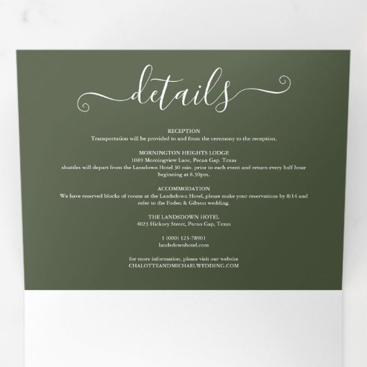 Olijfgroen modern script minimalistische foto brui drieluik uitnodiging (Binnenzijde eerst)